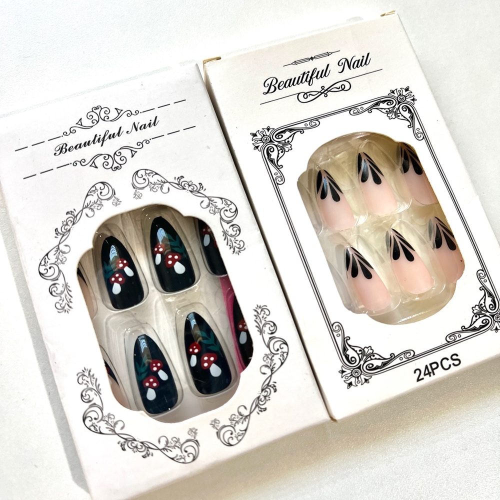2-Pack Almond Press-On Nails – Polka Dot Mushrooms & Black Petal French